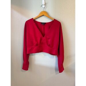 ELOQUII Satin V-Neck Crop Top Women 14 Red Long Sleeve Blouse Evening Party